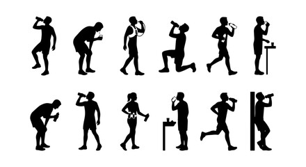 Obraz premium Silhouette Collection: Diverse People Hydrating, Exercising, and Resting Icons