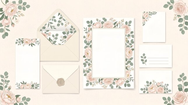 Elegant floral wedding invitation stationery set with blank cards and envelopes with a blush rose and eucalyptus design.