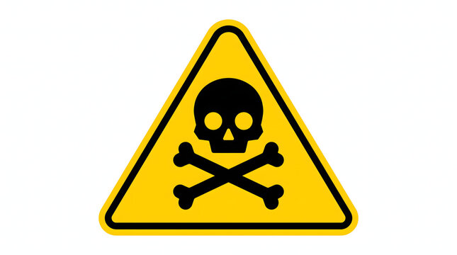 A yellow warning sign featuring a black skull and crossbones, indicating a hazardous or poisonous substance. This symbol is universally recognized for danger