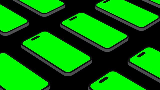 Isometric smartphones with green screens on transparent background