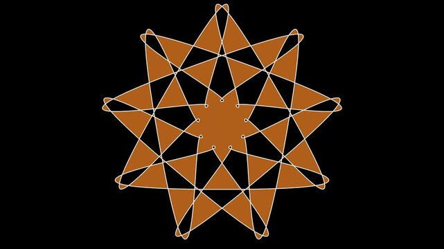 Abstract geometric star mandala design with brown and white lines isolated on a black background