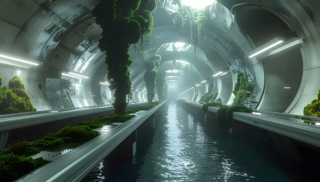 Futuristic subterranean smart city hyperloop station featuring transparent tubes and hanging moss gardens