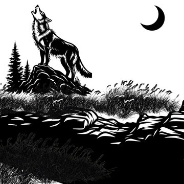 Wolf Howling at Crescent Moon