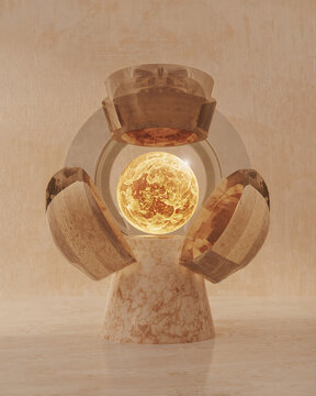 A glowing golden sphere held within a marble structure with crystal segments on a marble surface against a light beige textured background