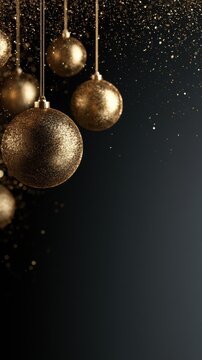 Gold christmas ornaments on dark glitter background