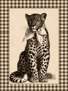Vintage style illustration of a leopard wearing a bow tie framed in a plaid square border