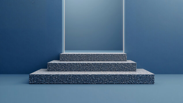 A set of three blue stone steps leading to a bright doorway, featuring a mosaic tile texture on the risers and a solid blue wall background setup