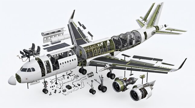 Exploded view diagram of a passenger airplane showing interior assembly
