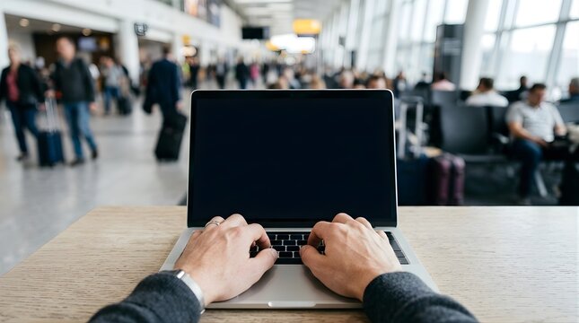 Person typing on laptop computer at busy airport terminal gate