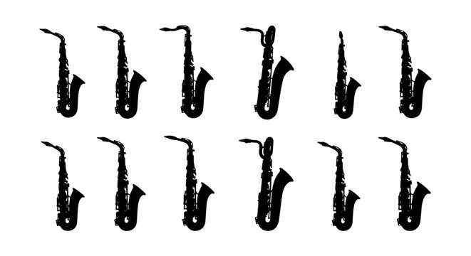 Vintage Saxophone Silhouettes, Retro Music Icons, Jazz Instrument Graphics, Black and White Vector Set