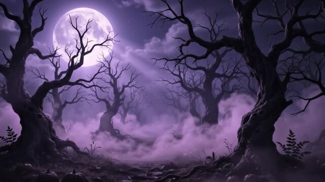 Eerie Halloween Forest With Bats, Moon, Fog And Twisted Trees Night 4K