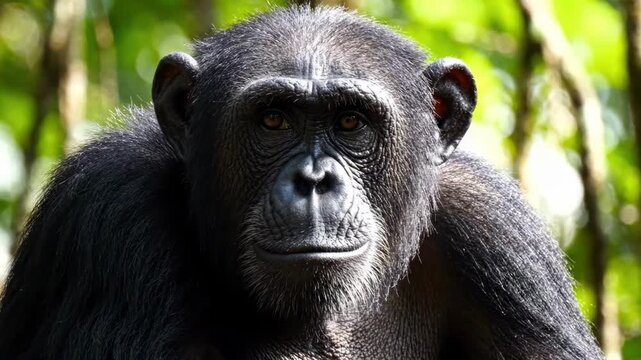Close-up portrait of a chimpanzee with intelligent eyes, set against a soft green jungle background.