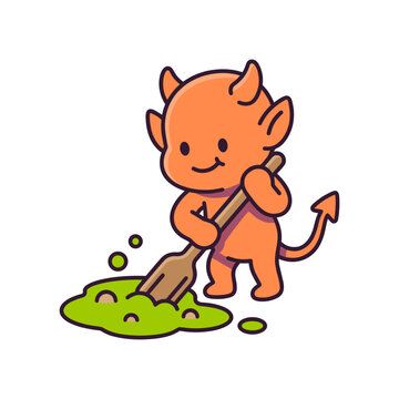 Little orange devil character playing with green slime puddle