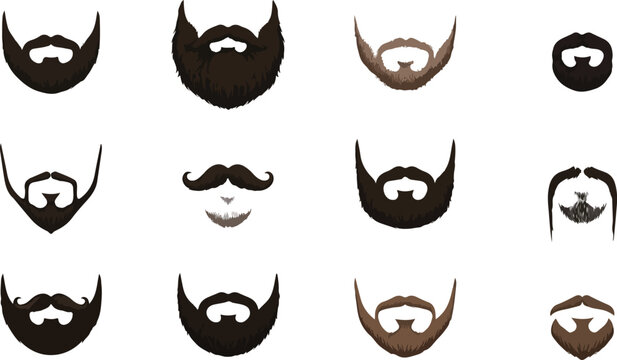 Beard and Mustache Vector Icons Set with Various Styles and Colors. Design Elements for Grooming, Fashion, and Character