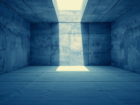 Industrial concrete room with a rectangular skylight casting a sharp beam of light onto the floor, creating contrast and shadows