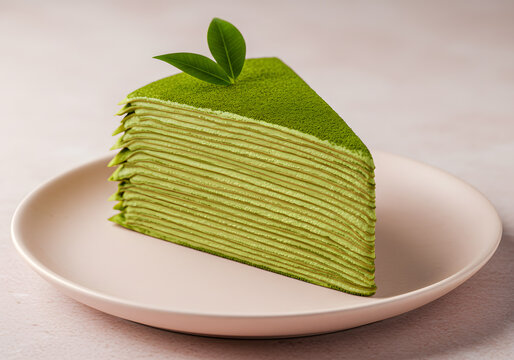 Matcha crepe cake slice on pink plate