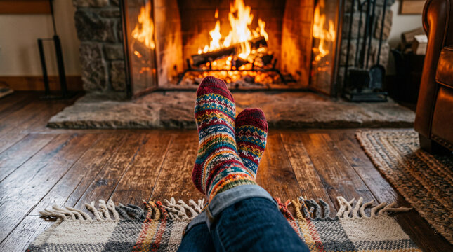 Feet in knitted socks warming near fireplace
