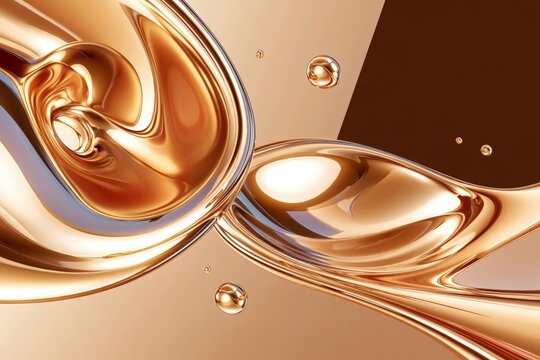 Abstract golden liquid swirls with glossy reflections and floating droplets on warm gradient background
