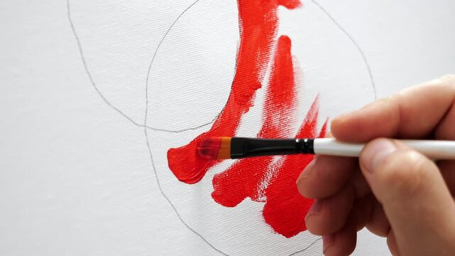 Close-up of artist applying bright red paint with a brush over a pencil sketch on canvas. Creative painting process, brushwork, art technique and artistic hobby.