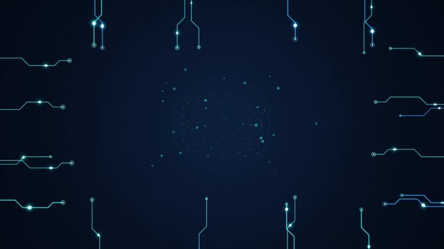 Glowing Digital Circuit Board Frame Animation with Central Particle Data Cluster on Dark Background
