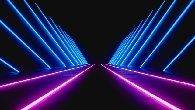 A 3D rendered futuristic corridor with glowing blue and pink neon lines receding into dark space, creating depth and perspective.