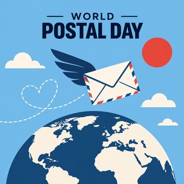 World postal day illustration with winged envelope flying over the globe in a clear blue sunny sky