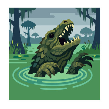 Scaly green swamp monster emerging from murky water in misty forest