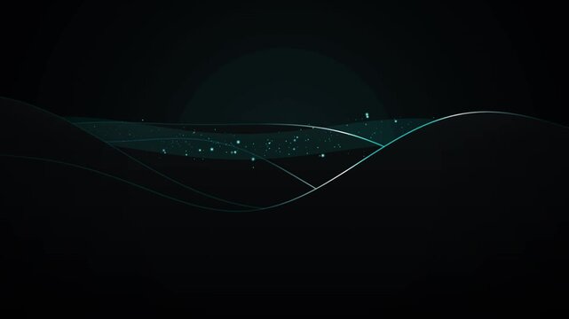 Minimalist Dark Motion Background with Floating Glowing Cyan Wave Lines and Subtle Particle Effects