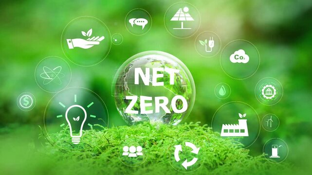 Green globe on moss with green forest icons - environment net zero concept,