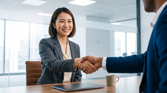 Smiling businesswoman shaking hands with a client across the desk in a modern glass office