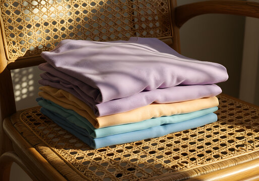 Pastel shirts stacked on chair