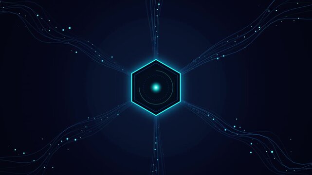 Neon Blue Hexagon Core with Glowing Data Connectivity Lines Animation for Futuristic Digital Design