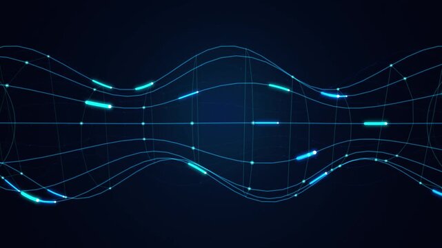 Neon Blue Digital Data Stream Flow Animation with Glowing Geometric Grid Lines on Dark Background