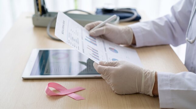 Doctor reviewing medical charts and data with a pink breast cancer awareness ribbon on the desk.