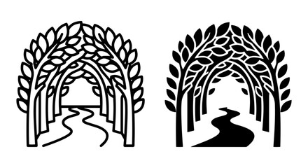 Fototapeta premium Enchanting Forest Archway Vector Set: Winding Path Through Leafy Trees, Nature Scene Graphics, Organic Design Elements