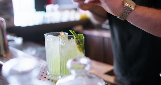 Garnishing drink. Mint cocktail. Man bartender hand adding fresh green leaves to iced water in textured glass with dried aroma citrus.