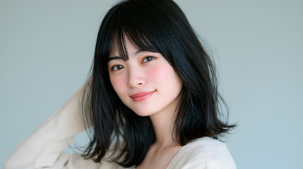 Fototapeta premium カメラ目線で微笑むミディアムヘアの日本人女性