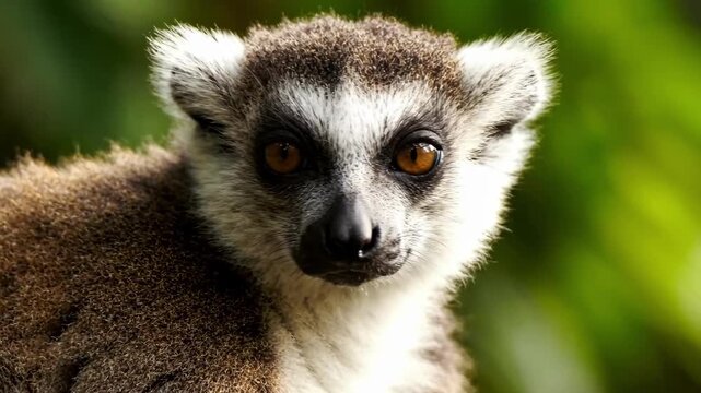 Close-up portrait of a ring-tailed lemur with striking amber eyes, set against a softly blurred green background.