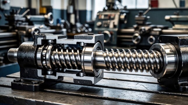 Ball screw jack assembly in section shows internal ball bearings and threaded rod. Precision mechanism for linear motion, heavy duty mechanical component used in machines.