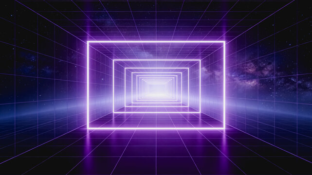 A 3D rendered retro futuristic scene with layered neon frames on a grid background, creating an infinite tunnel effect in purple tones.