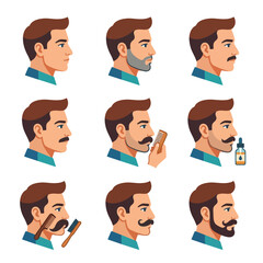Fototapeta premium Set of illustrations showing a man grooming his beard and mustache in various stages.