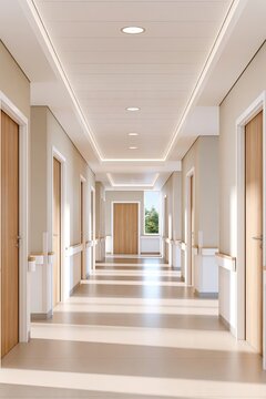 Photorealistic interior of hospital corridor with pale walls, wooden doors, recessed ceiling lights, and handrails, bathed in natural light from end window