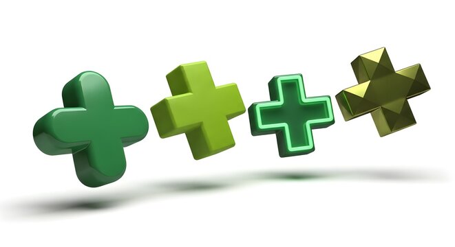 Plus sign set of various green mathematical symbols floating on white