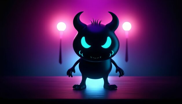 Cute little devil monster with glowing eyes on neon background