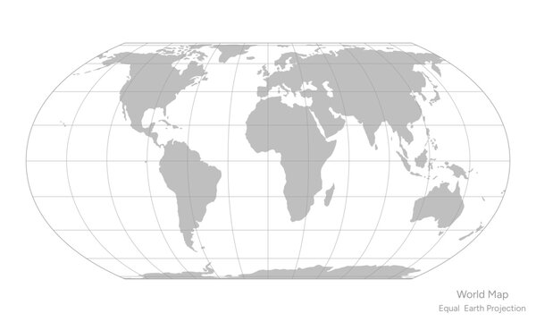 Gray world map with geographic grid in Equal Earth projection.