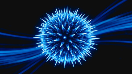 Fototapeta premium A 3D rendered spiky glowing particle, blue with light streaks, representing a microscopic scientific structure in dark space.