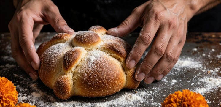 Baker hands touching traditional Mexican pan de muerto sweet bread