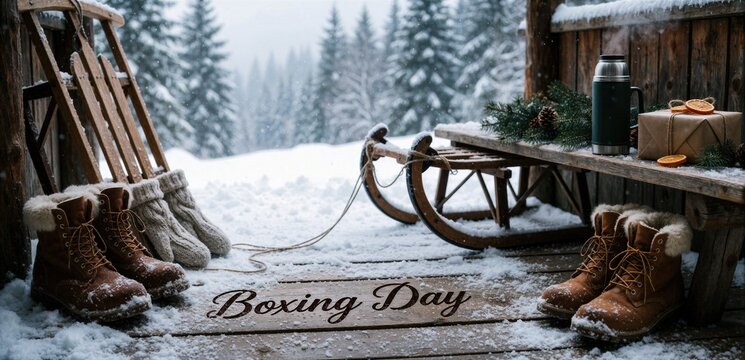 Boxing Day text on snowy wooden porch with sled and winter boots