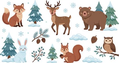 Fototapeta premium Cute Winter Woodland Animals Collection with Fox Deer Bear Rabbit Squirrel and Owl Among Snowy Pine Trees and Nature Elements