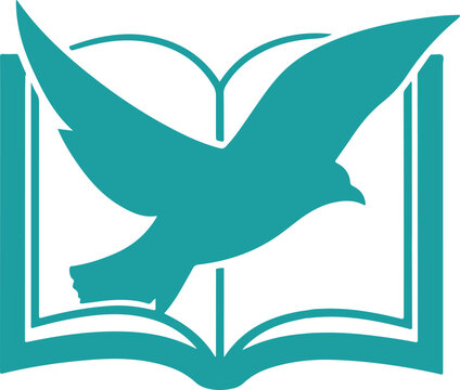 Teal silhouette of a bird flying over an open book